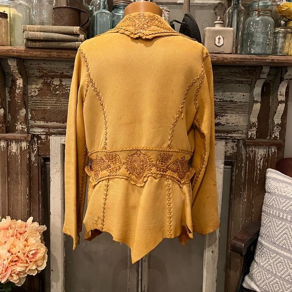 Vtg BUCKSKIN LEATHER Jacket PYROGRAPHY THUNDERBIRD Whipstitch FESTIVAL East West - Picture 3 of 16